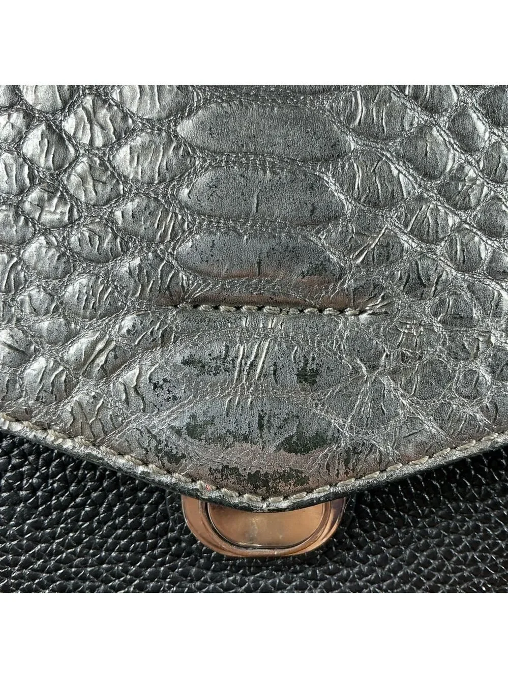 Michael Kors Black Silver Bristol Flap Satchel hand Bag‎ Crossbody Snakeskin